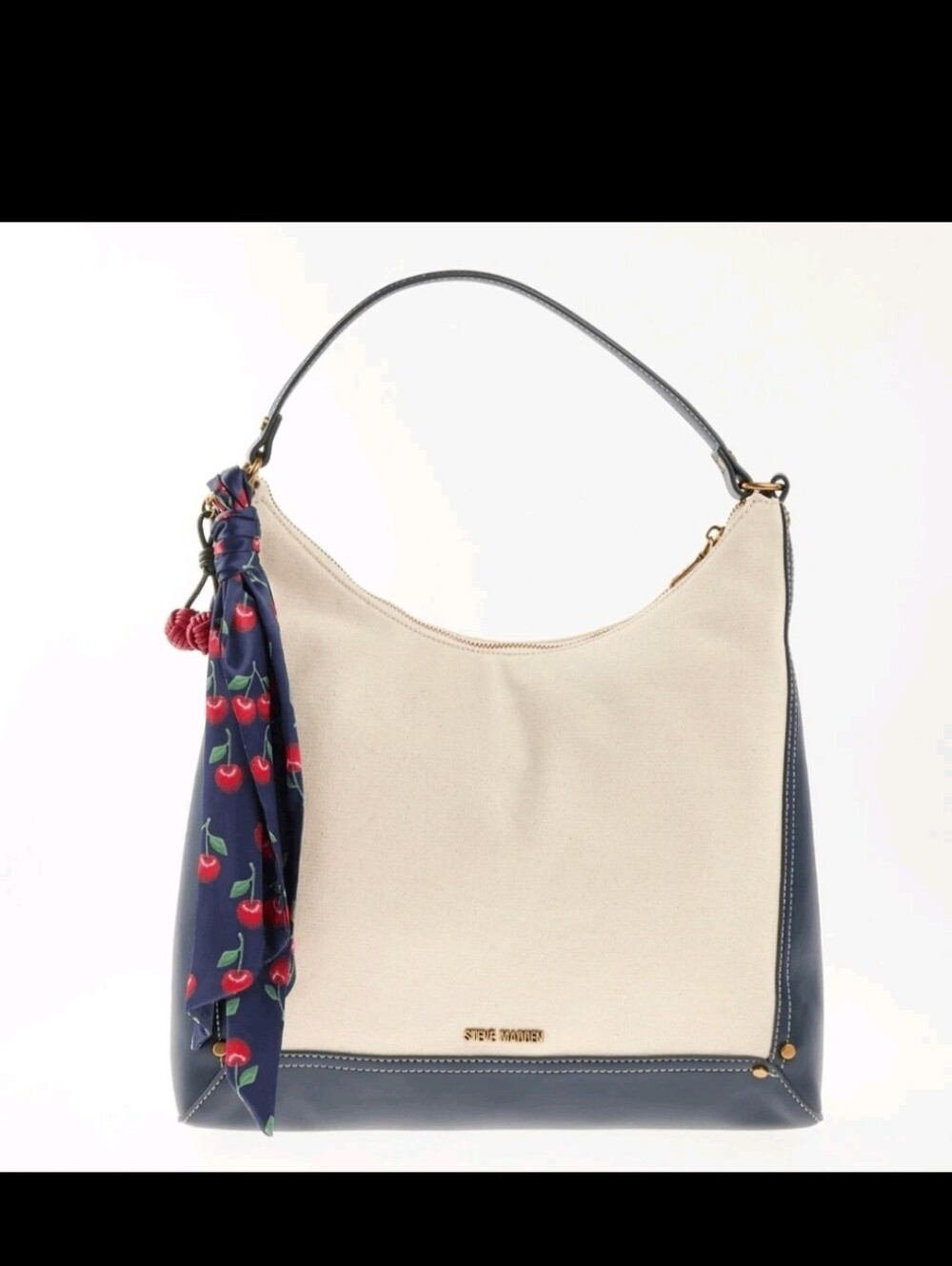 Steve Madden Cream/Navy Canvas Hobo withCherry Bag Charm/Scarf